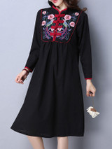Casual Extraordinary Band Collar Slit Pocket Embroidery Shift Dress