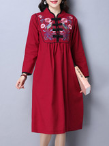 Casual Extraordinary Band Collar Slit Pocket Embroidery Shift Dress