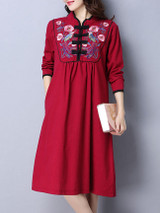 Casual Extraordinary Band Collar Slit Pocket Embroidery Shift Dress