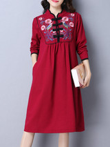 Casual Extraordinary Band Collar Slit Pocket Embroidery Shift Dress