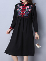 Casual Extraordinary Band Collar Slit Pocket Embroidery Shift Dress
