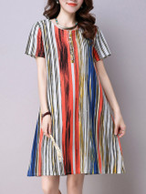 Casual Decorative Button Vertical Striped Cotton/Linen Shift Dress