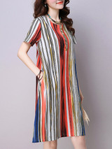 Casual Decorative Button Vertical Striped Cotton/Linen Shift Dress