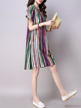 Casual Decorative Button Vertical Striped Cotton/Linen Shift Dress