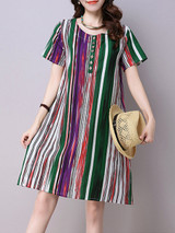 Casual Decorative Button Vertical Striped Cotton/Linen Shift Dress