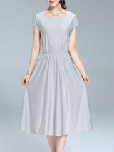 Casual Round Neck Elastic Waist Plain Simple Maxi Dress