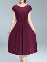 Casual Round Neck Elastic Waist Plain Simple Maxi Dress