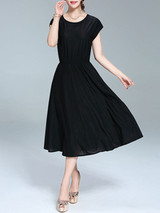 Casual Round Neck Elastic Waist Plain Simple Maxi Dress