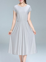 Casual Round Neck Elastic Waist Plain Simple Maxi Dress