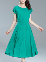 Casual Basic Designed Round Neck Elastic Waist Plain Maxi Dress