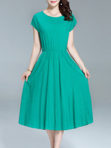 Casual Basic Designed Round Neck Elastic Waist Plain Maxi Dress
