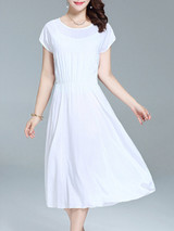 Casual Basic Designed Round Neck Elastic Waist Plain Maxi Dress