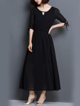 Casual Round Neck Keyhole Plain Chiffon Maxi Dress With Tie Sleeve