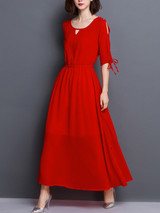 Casual Round Neck Keyhole Plain Chiffon Maxi Dress With Tie Sleeve