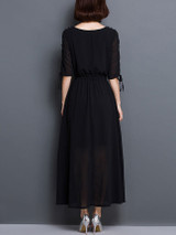 Casual Round Neck Keyhole Plain Chiffon Maxi Dress With Tie Sleeve