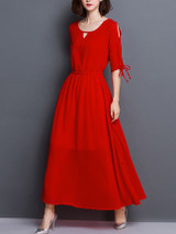 Casual Round Neck Keyhole Plain Chiffon Maxi Dress With Tie Sleeve