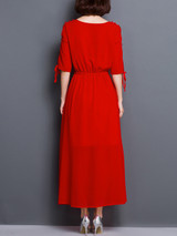 Casual Round Neck Keyhole Plain Chiffon Maxi Dress With Tie Sleeve
