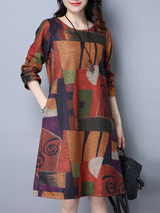 Casual Colorful Color Block Round Neck Pocket Shift Dress