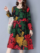 Casual Round Neck Printed Cotton/Linen Shift Dress With Slit Pocket