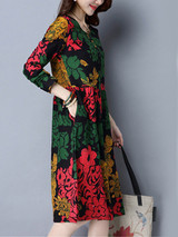 Casual Round Neck Printed Cotton/Linen Shift Dress With Slit Pocket