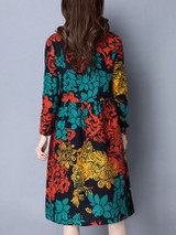 Casual Round Neck Printed Cotton/Linen Shift Dress With Slit Pocket