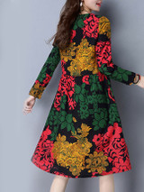 Casual Round Neck Printed Cotton/Linen Shift Dress With Slit Pocket