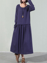 Casual Round Neck Solid Pocket Maxi Dress
