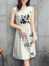 Casual Round Neck Drawstring Printed Casual Skater Dress