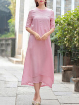 Casual Embroidery Plain Half Sleeve Round Neck Maxi Dress