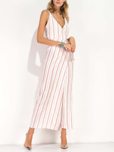 Casual Spaghetti Strap Slit Vertical Striped Maxi Dress