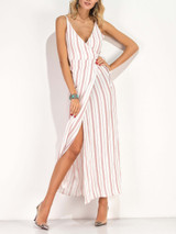 Casual Spaghetti Strap Slit Vertical Striped Maxi Dress