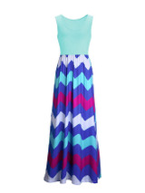 Casual Color Block Zigzag Striped Round Neck Maxi Dress