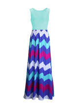 Casual Color Block Zigzag Striped Round Neck Maxi Dress