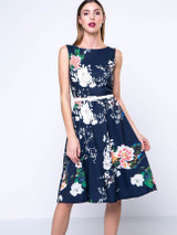 Casual Boat Neck Vintage Floral Printed Skater Dress