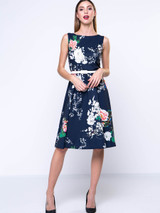 Casual Boat Neck Vintage Floral Printed Skater Dress