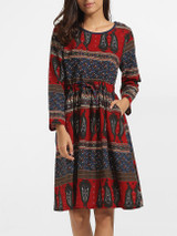 Casual Round Neck Linen Printed Skater Dress