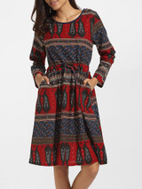 Casual Round Neck Linen Printed Skater Dress