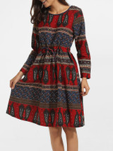 Casual Round Neck Linen Printed Skater Dress