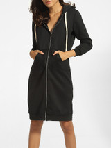 Casual Hooded Kangaroo Pocket Zips Plain Shift-dress