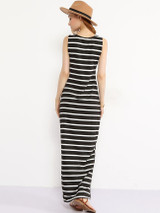 Casual Scoop Neck Asymmetrical Hems Striped Maxi-dress