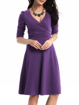 Casual Surplice Plain Skater Dress With Ruched Detail