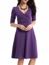 Casual Surplice Plain Skater Dress With Ruched Detail