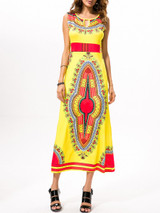 Casual Designed Keyhole Round Neck Maxi Dress In Tribal Printed