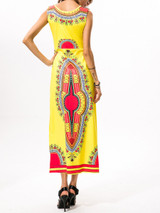 Casual Designed Keyhole Round Neck Maxi Dress In Tribal Printed
