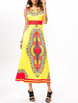 Casual Designed Keyhole Round Neck Maxi Dress In Tribal Printed