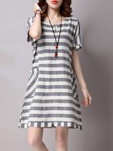 Casual Patch Pocket Striped Cotton Shift Dress