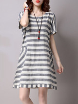 Casual Patch Pocket Striped Cotton Shift Dress