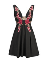 Casual Deep V-Neck Decorative Floral Embroidery Patch Skater Dress