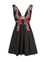 Casual Deep V-Neck Decorative Floral Embroidery Patch Skater Dress