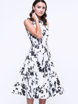 Casual Floral Printed Courtly Boat Neck Skater Dress